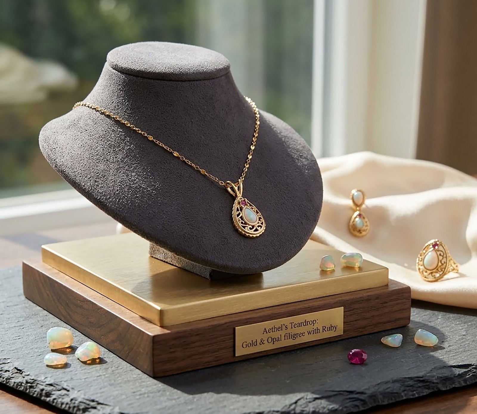 Van Doran Ruby & Opal Pendant Necklace Gold Tone Vintage Genuine Stones Van Doran Ruby & Opal Pendant Necklace Gold Tone Vintage Genuine Stones