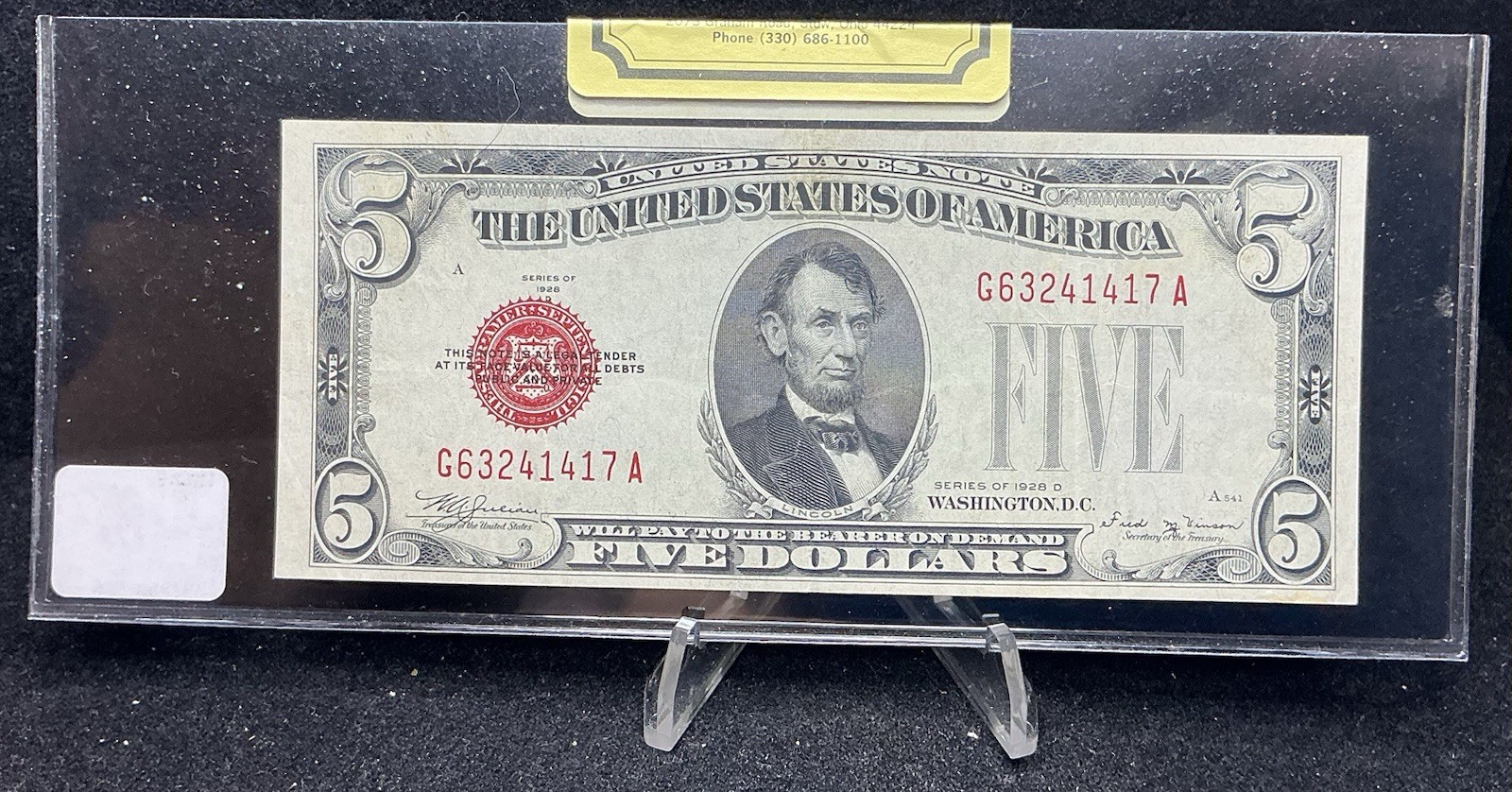 DBR 1928-D $5 Legal Fr. 1529 Vinson GA Block XF Serial G63241417A Z134 DBR 1928-D $5 Legal Fr. 1529 Vinson GA Block XF Serial G63241417A Z134