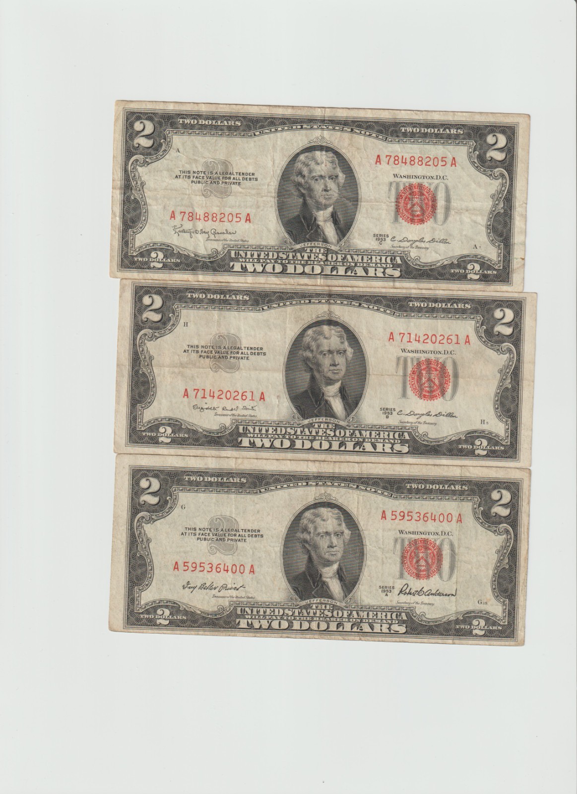 3-1953 $2 Red Seal Notes Series A-B-C in circulated condition. 3-1953 $2 Red Seal Notes Series A-B-C in circulated condition.