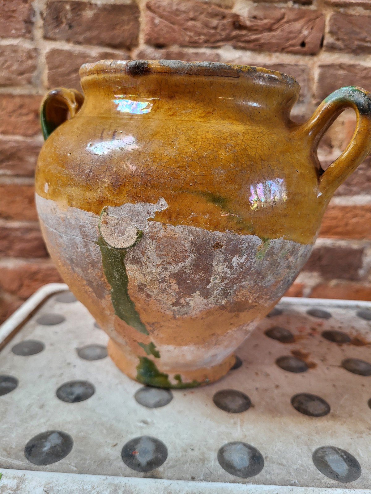 Antique French Confit Pot 19th Century, Yellow Glaze with Green drips, H17cm