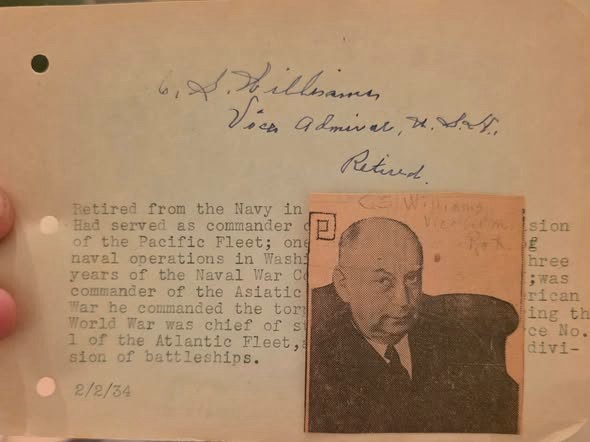 AUTOGRAPH -- 4 Star Admiral -- Commander  Asiatic Fleet - Clarence S. Williams