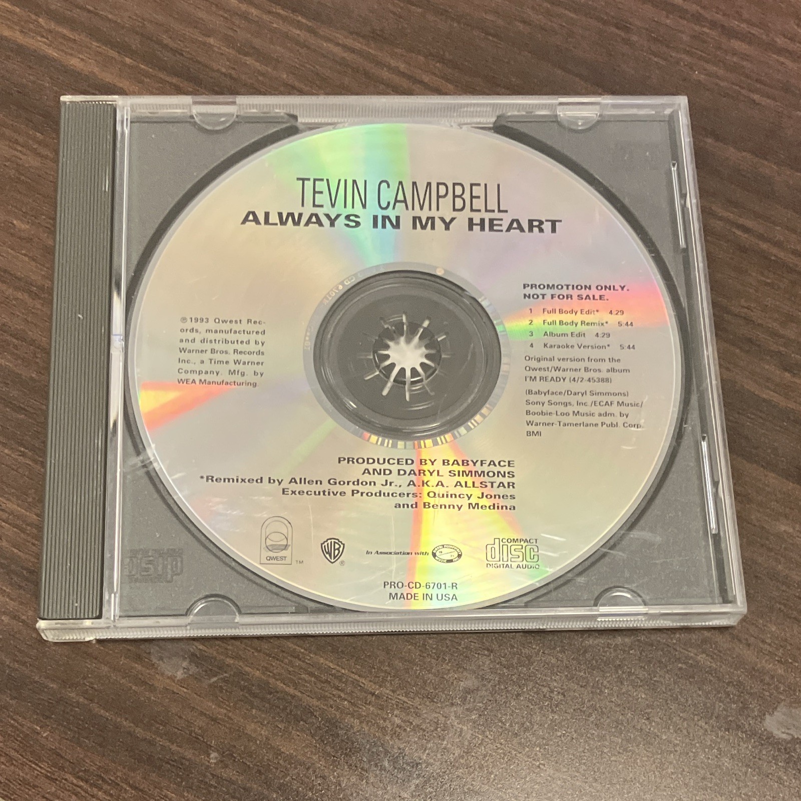 Tevin Campbell Always in My Heart (Qwest) 1993 PRO-CD-6701-R Promo CD Single Tevin Campbell Always in My Heart (Qwest) 1993 PRO-CD-6701-R Promo CD Single