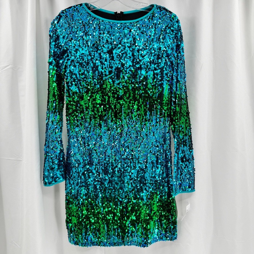 Sho by Tadashi Shoji Sequin Mini Dress LS Sz M Blue Green