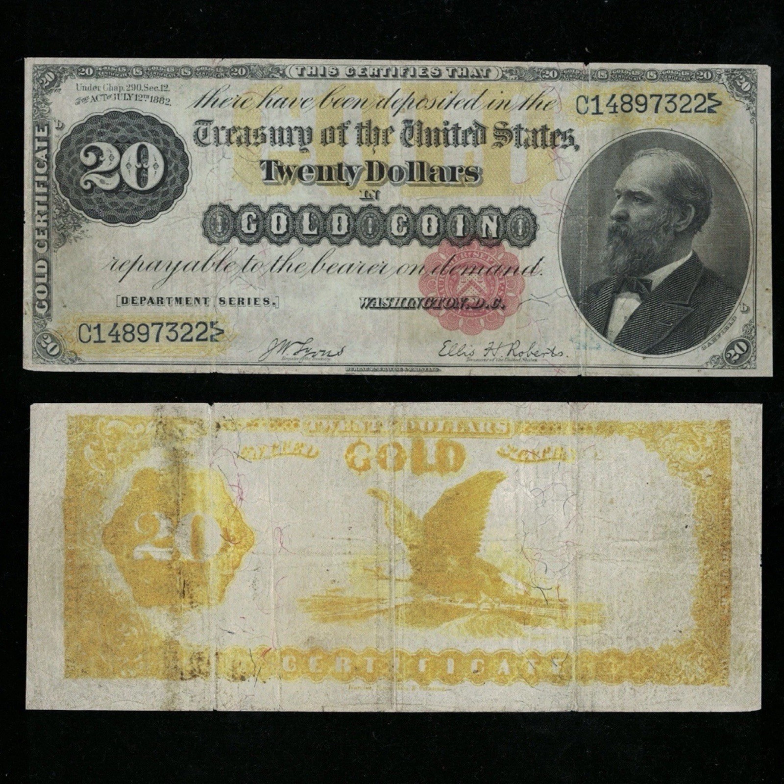 SC 1882 $20 Fr.1178 Gold Certificate Gold Coin Note Garfield (322)