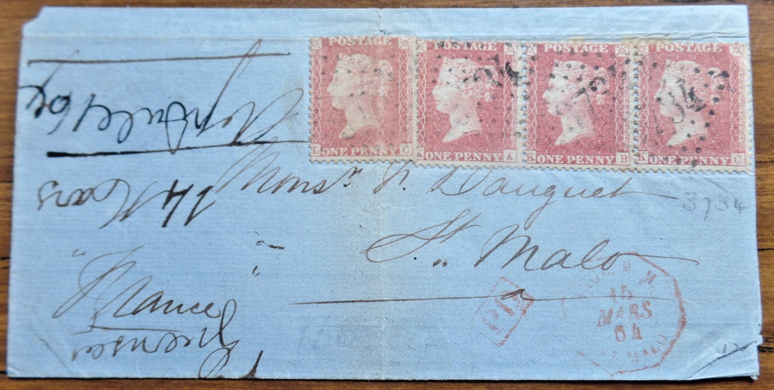 1864 QV 4 x 1d Red cancelled with St Malo 3734 Lozenger Boite Mobile h/s