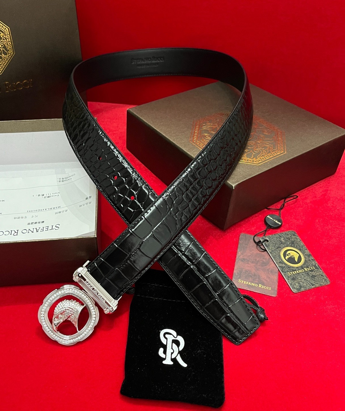 STEFANO RICCI Men\'s Black Crocodile Pattern Belt Eagle Silver Buckle With Box.