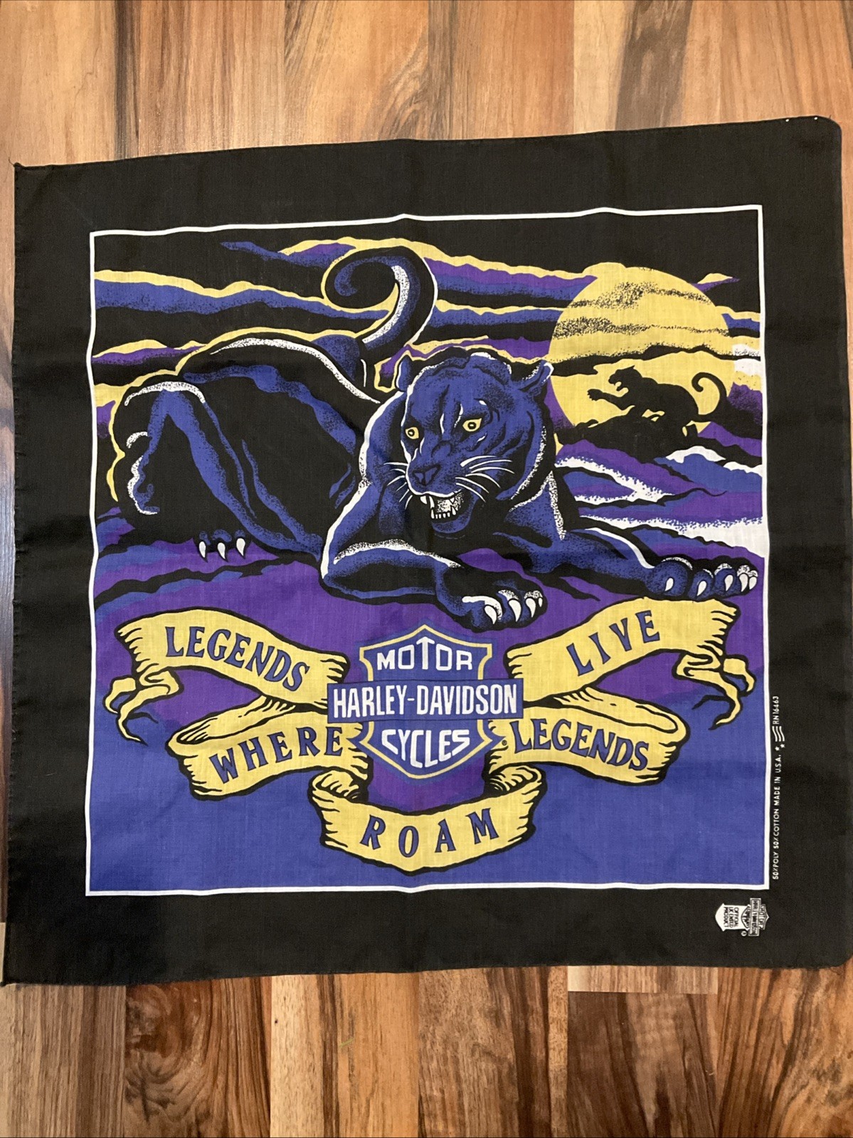 Vintage Harley-Davidson Legends Panther Moon Black & Purple Bandana Made In USA