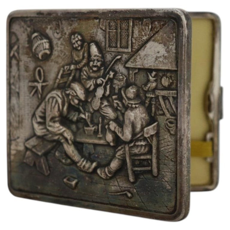 Figural Repousse Tavern Scene Sterling Silver Cigarette Case 2.8 Troy Oz c1900 Figural Repousse Tavern Scene Sterling Silver Cigarette Case 2.8 Troy Oz c1900