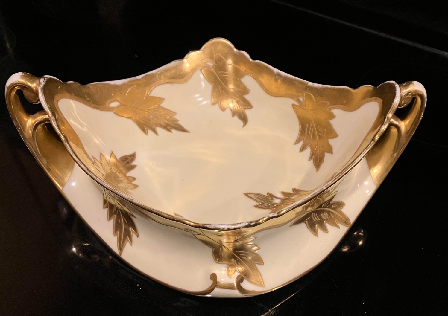 Antique Elite Works Limoges France Gold Encrusted Leaf Handled Serving Bowl Antique Elite Works Limoges France Gold Encrusted Leaf Handled Serving Bowl