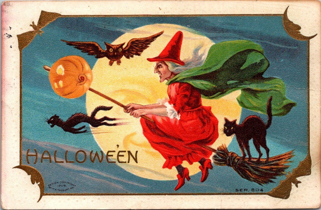 Antique Halloween Postcard Witch Broomstick Owl Black Cats Moon MW Taggart c1910