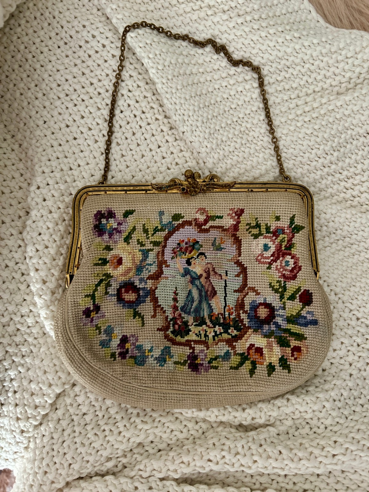 Vintage Floral Petit Point Needlepoint Tapestry Evening Bag Purse Beige