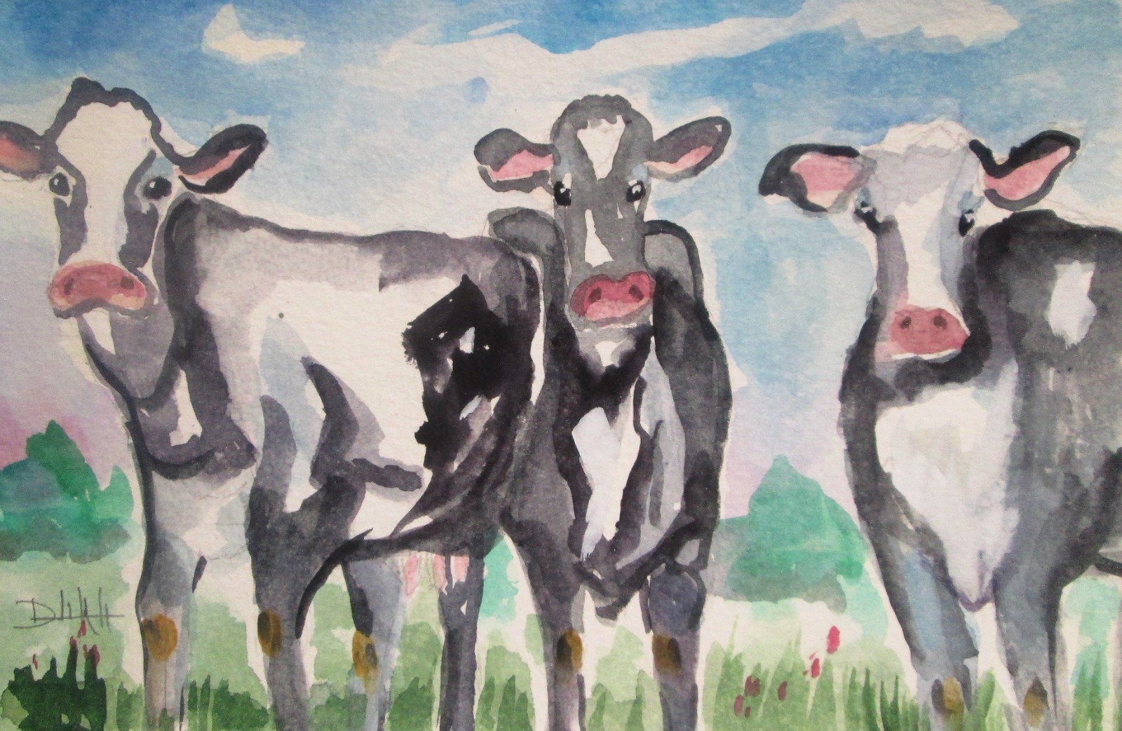 Delilah Three Cows original  impressionism 6x9 watercolor contemporary COA