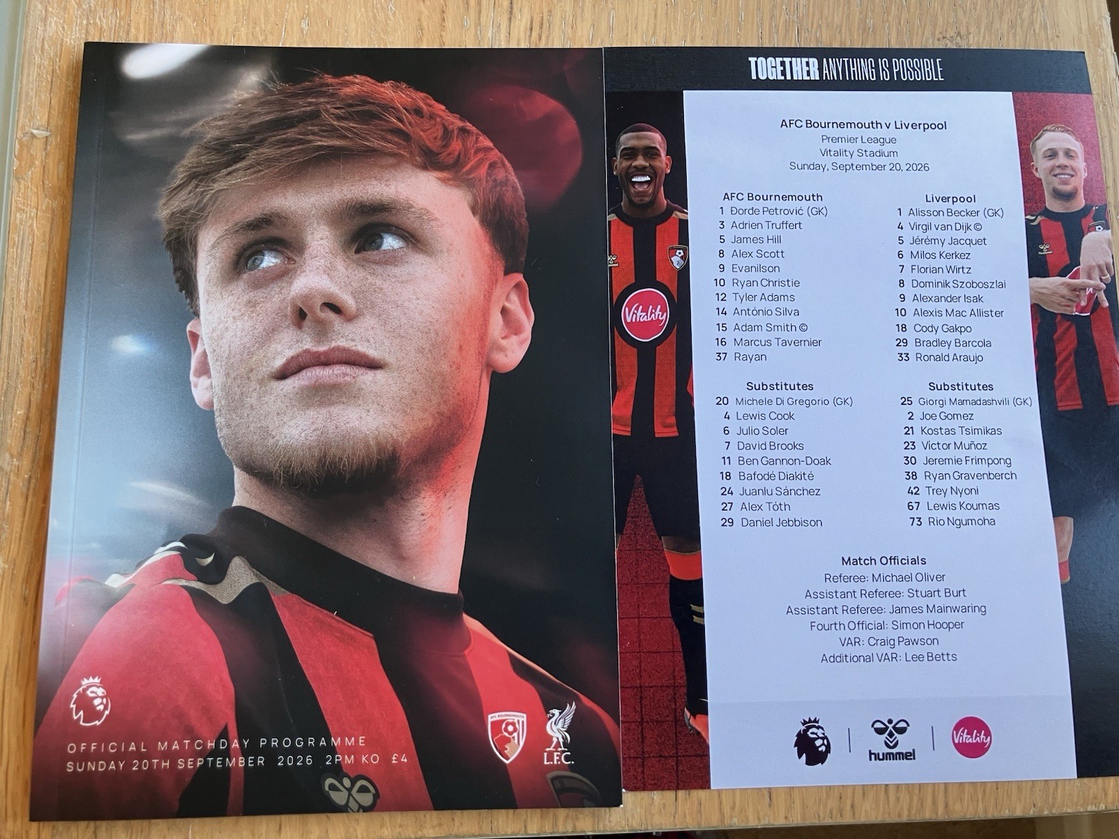 AFC BOURNEMOUTH V LIVERPOOL TEAM SHEET AND PROGRAMME 20/09/26 AFC BOURNEMOUTH V LIVERPOOL TEAM SHEET AND PROGRAMME 20/09/26