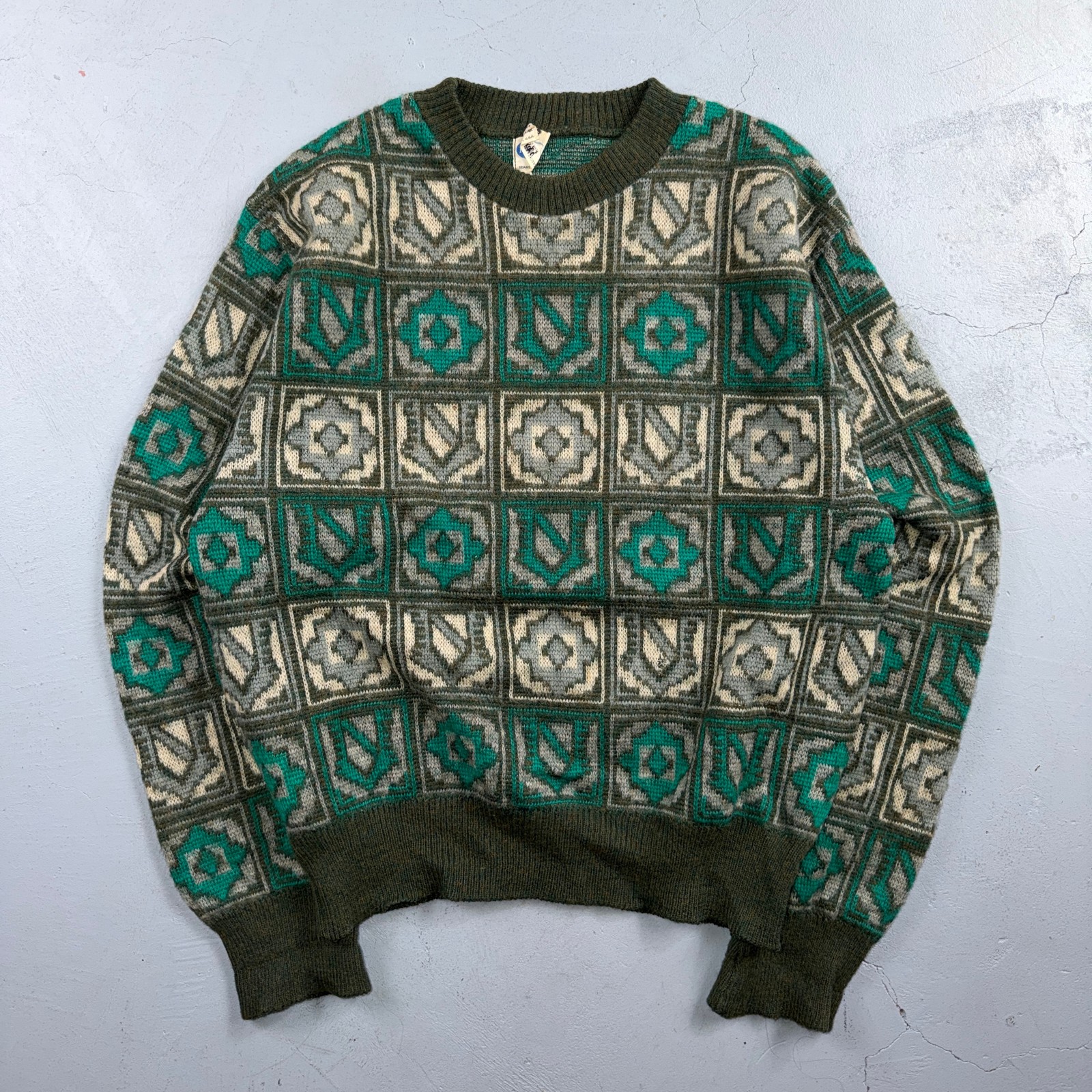 VTG 60s Pilgrim Wool Geometric Sweater Large Green Crewneck Made In USA Rockabil