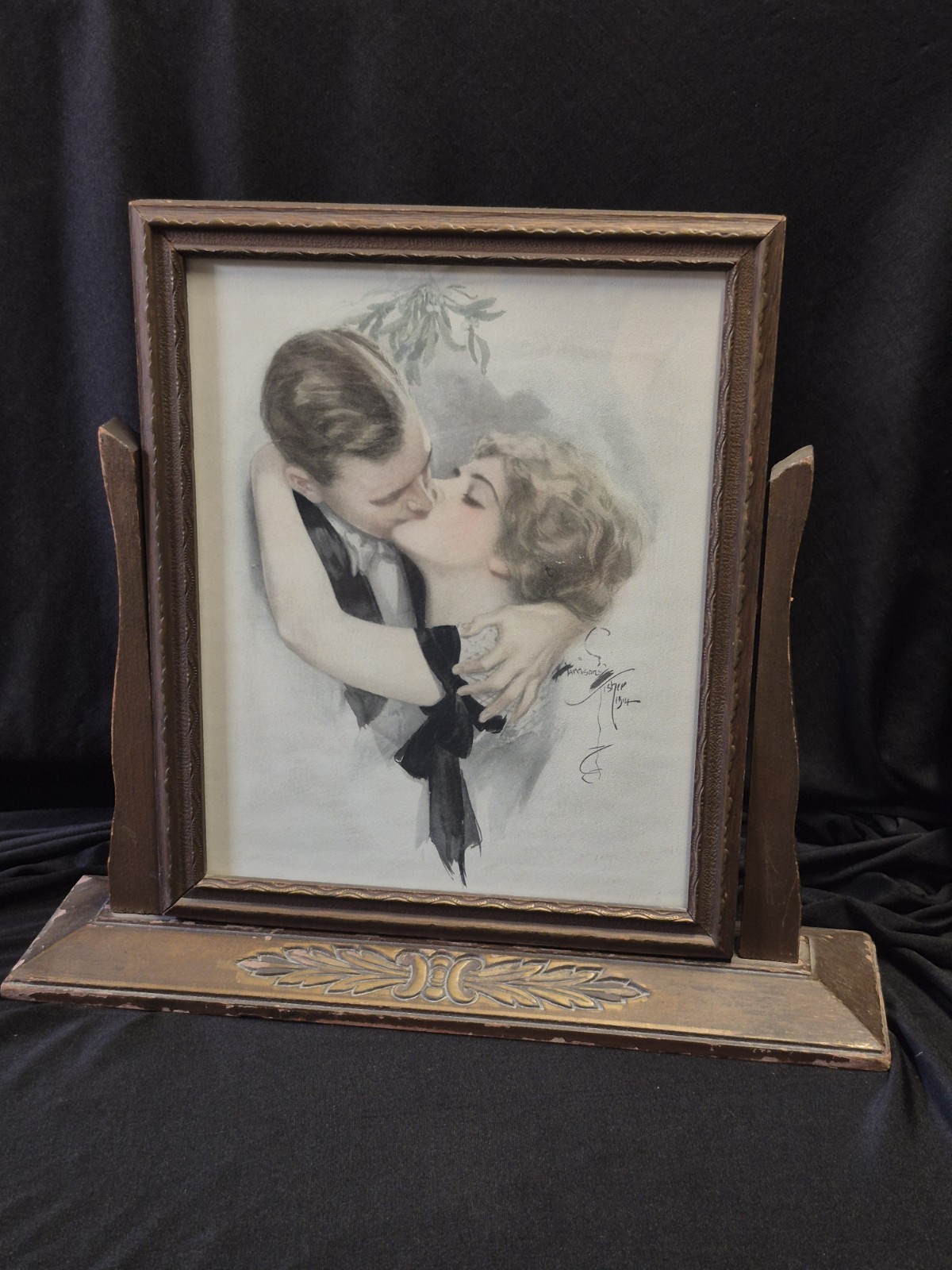 Antique 1914 Harrison Fisher The First Kiss Print Double Sided Swing Vanity...
