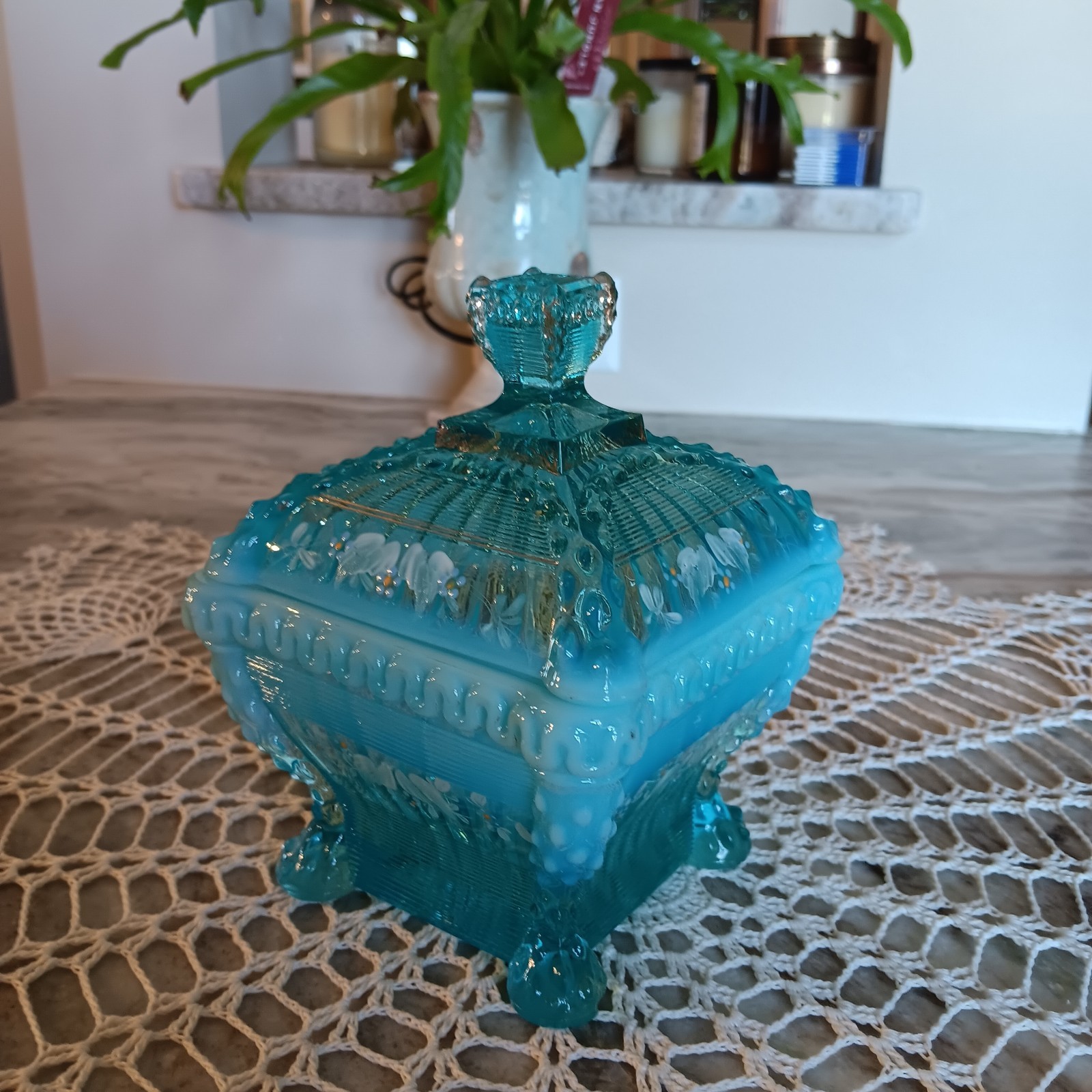 Antique Northwood Blue Opalescent Art Glass Candy/Sugar Bowl With Lid - Alaska Antique Northwood Blue Opalescent Art Glass Candy/Sugar Bowl With Lid - Alaska