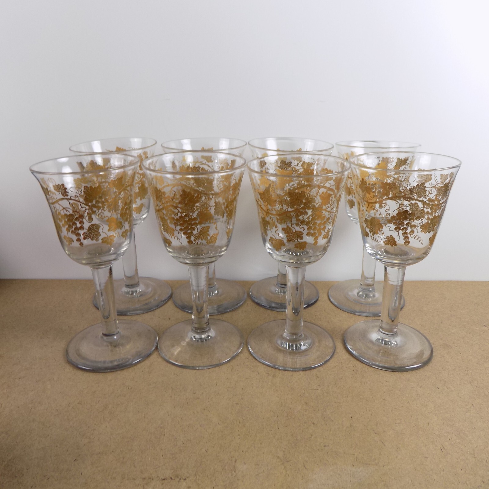 8 Antique Blown Glass Water or Wine Goblets Gold Grape Vine Design 7.5\