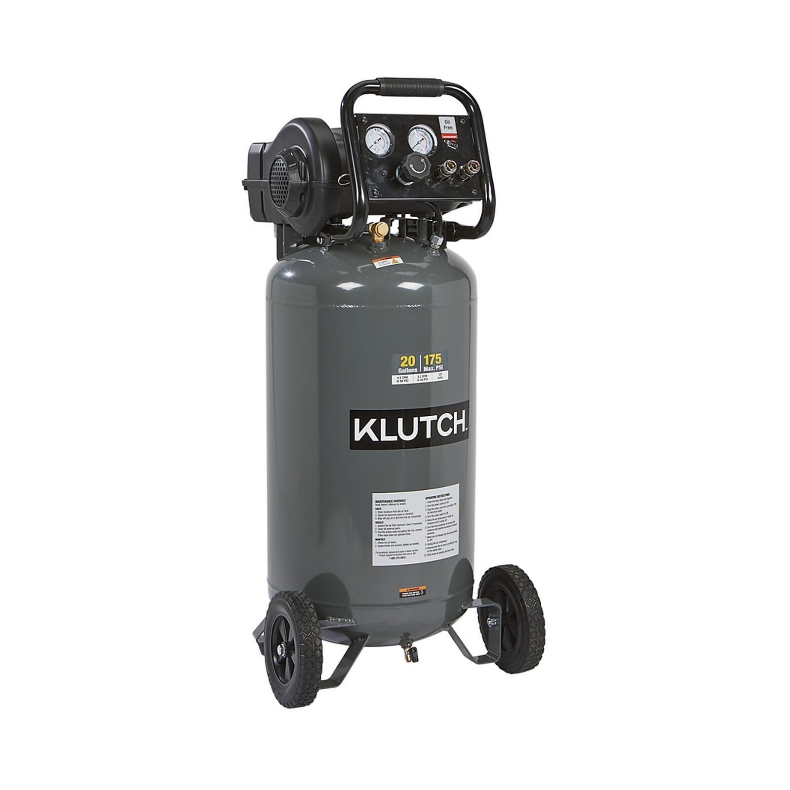 Klutch Portable Air Compressor, Workshop Air Compressor With Oil-Less Pump, 2 HP Klutch Portable Air Compressor, Workshop Air Compressor With Oil-Less Pump, 2 HP
