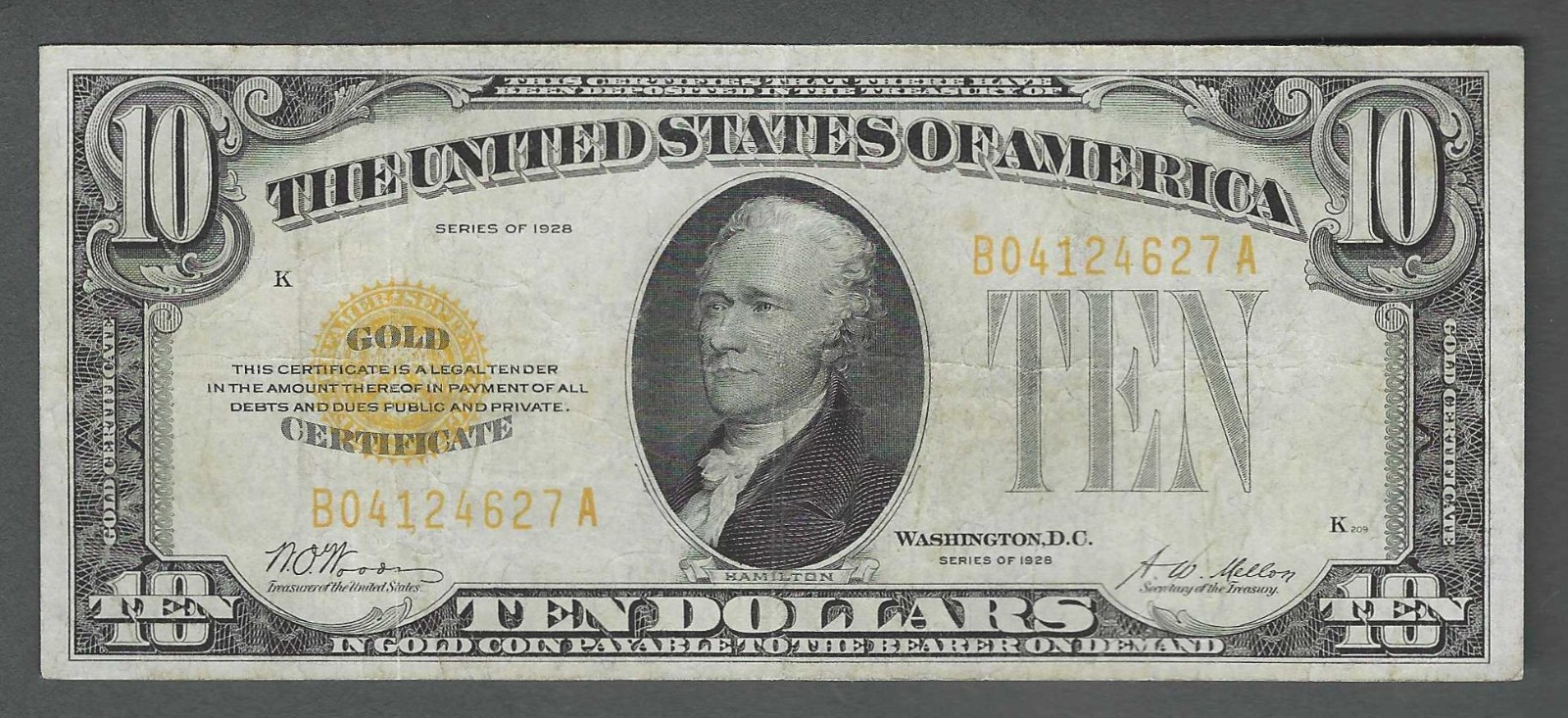 Key SCARCE BA Block 1928 $10 Historic VF+ GOLD CERTIFICATE