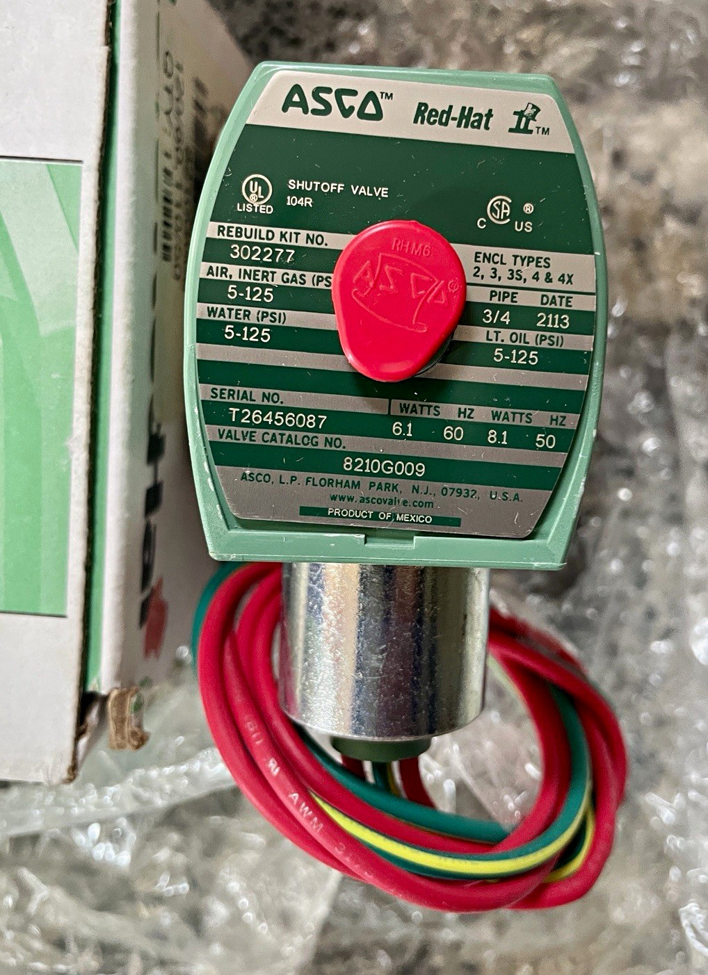 ASCO Red-Hat 8210G009 2-Way/2-Position Solenoid Valve. 3/4 inch