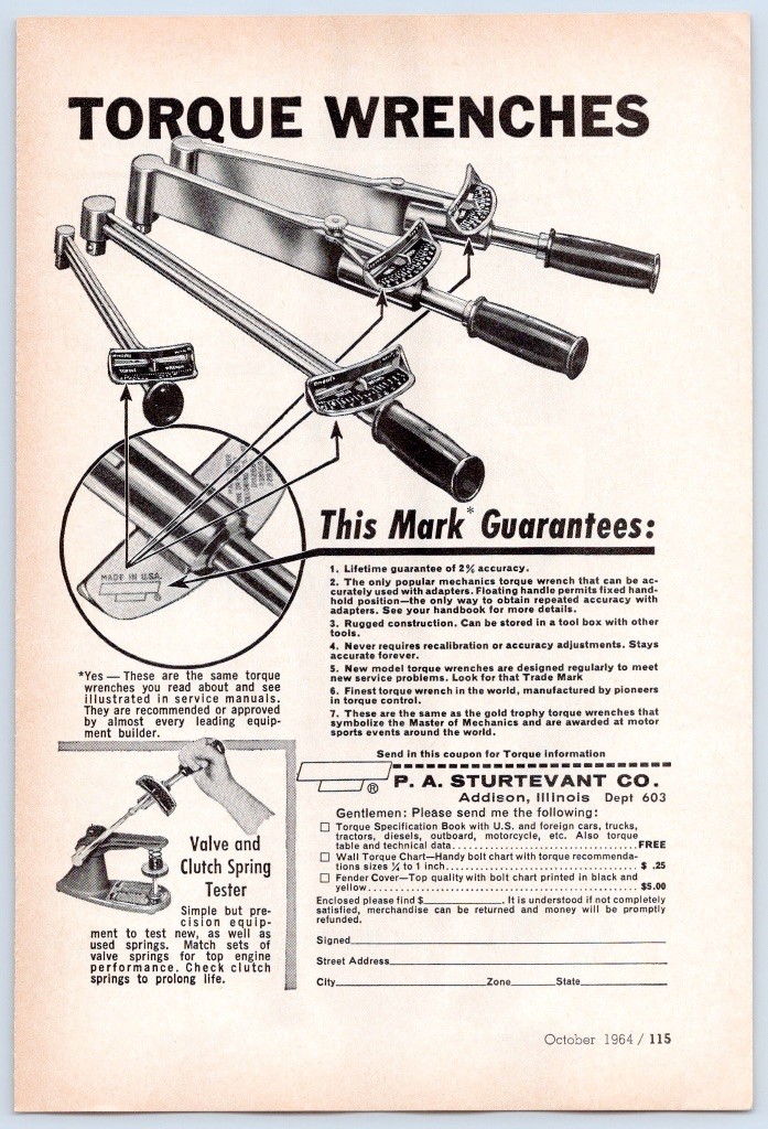 P A Sturtevant Torque Wrenches Valve Clutch Spring Tester Addison IL Print Ad