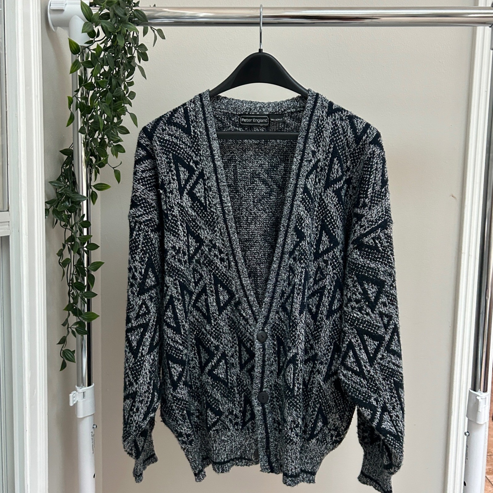 Gently Used Peter England Vintage Geometric Knit Cardigan Navy White Large