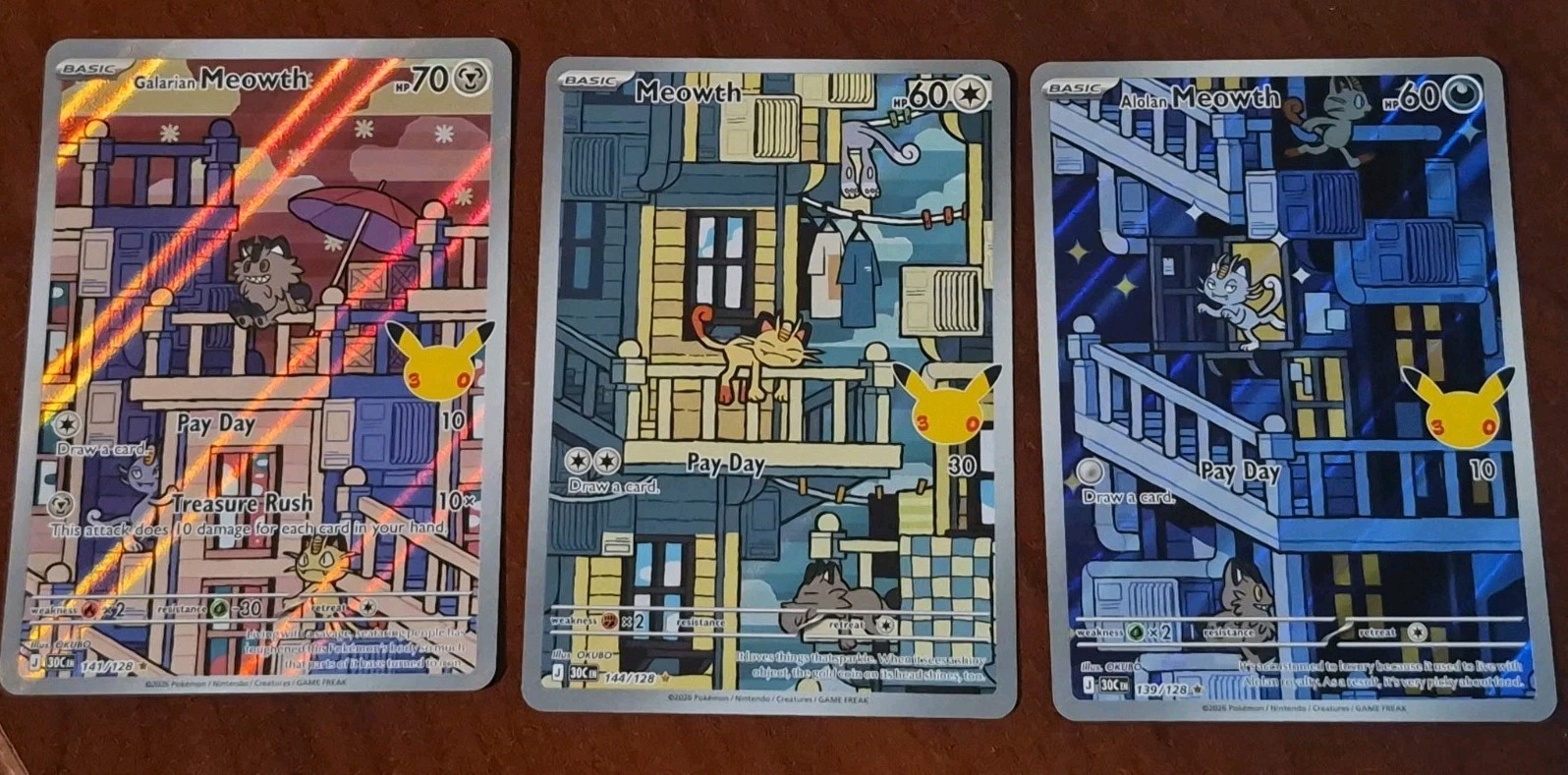 Meowth 139/128,  144/128,  141/128  3X IR Set of 3 Pokemon 30th Celebration /NM
