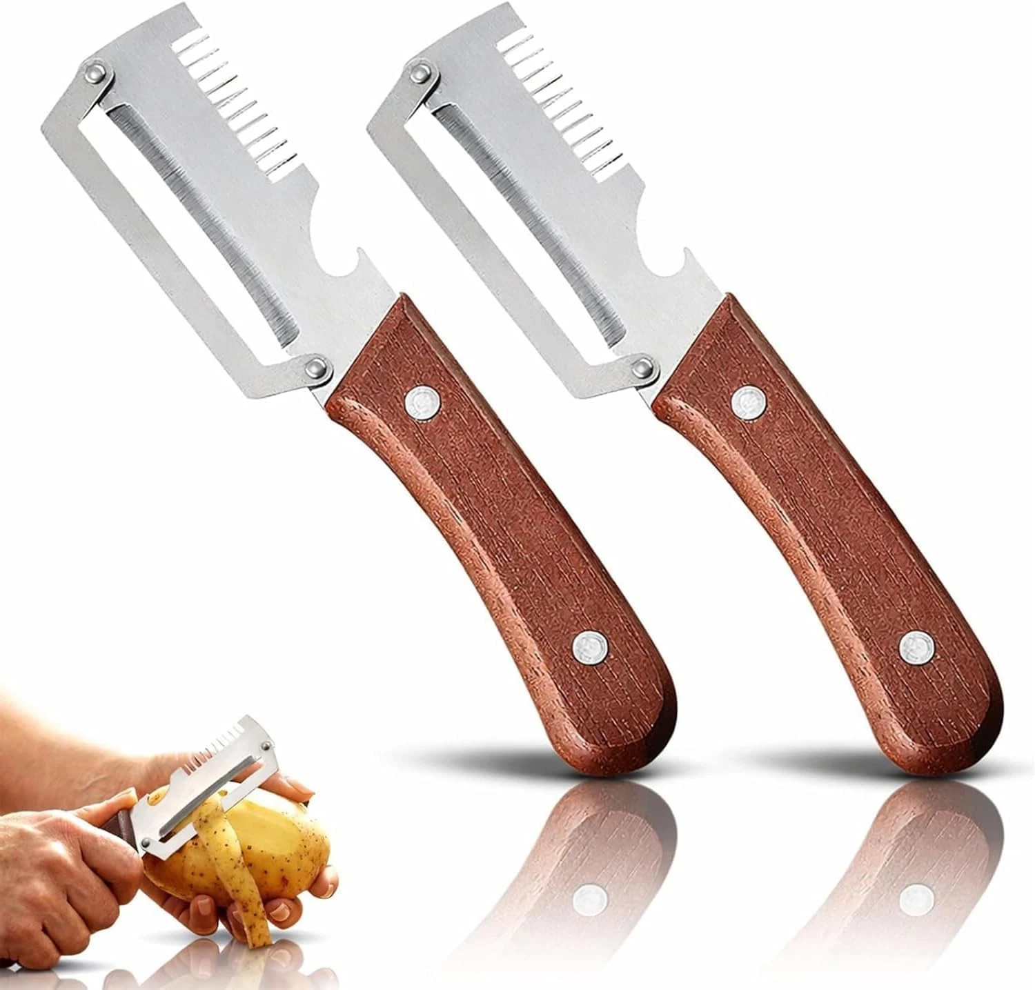 2 PCS 3-in-1 Multifunctional Vegetable Peeler with Wooden Handle,Julienne Slicer