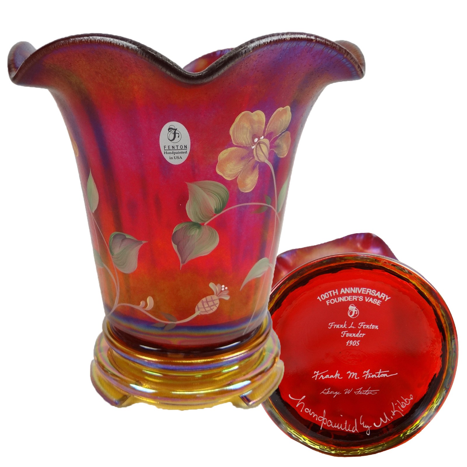 Signed Ruby Fenton Vase 100th Anniversary Limited Hand Painted with Base and Box Signed Ruby Fenton Vase 100th Anniversary Limited Hand Painted with Base and Box
