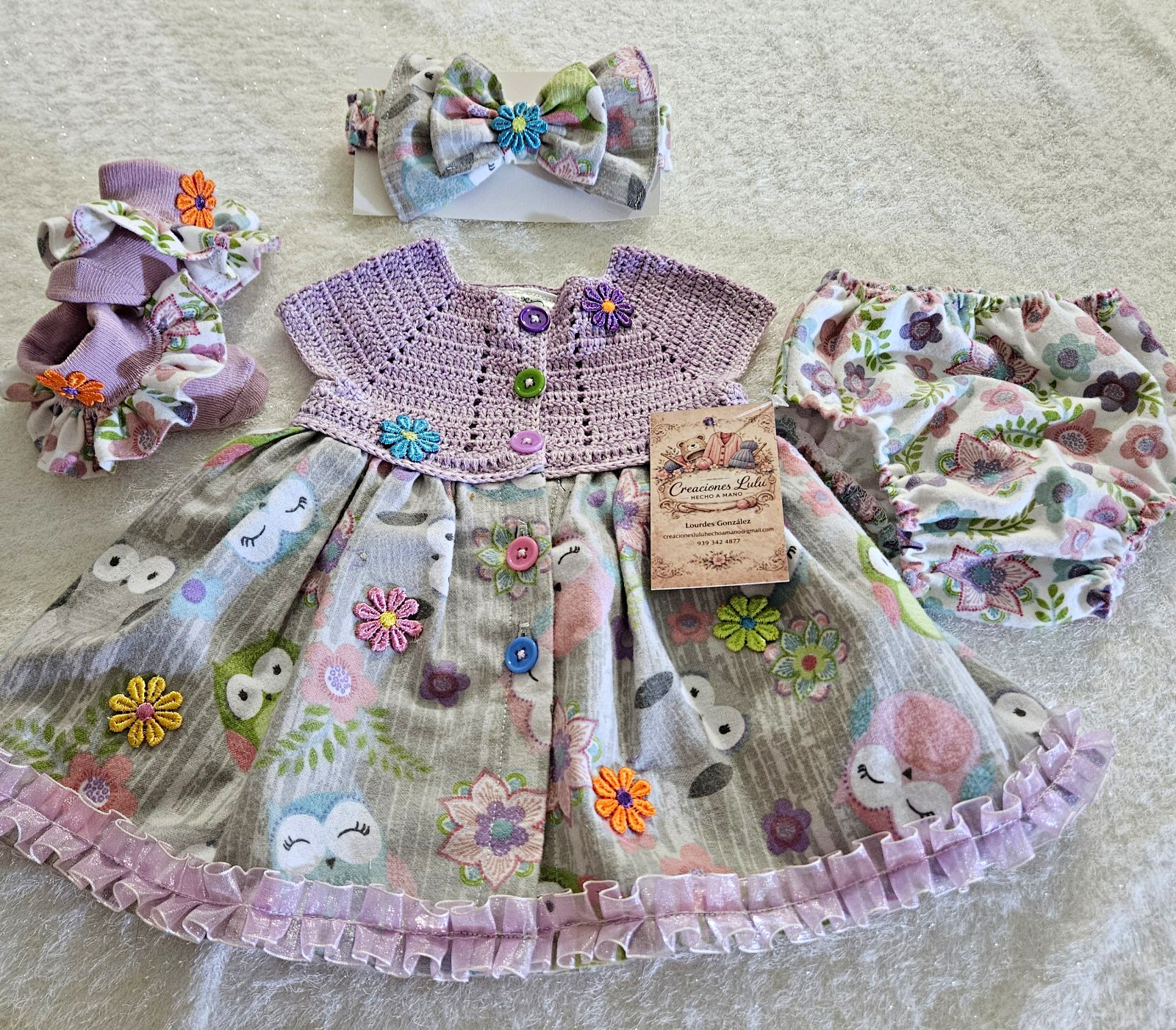 Creaciones Lulú Handmade Crochet Floral Owl 4pc Baby Girl Dress Set 0-3M Creaciones Lulú Handmade Crochet Floral Owl 4pc Baby Girl Dress Set 0-3M