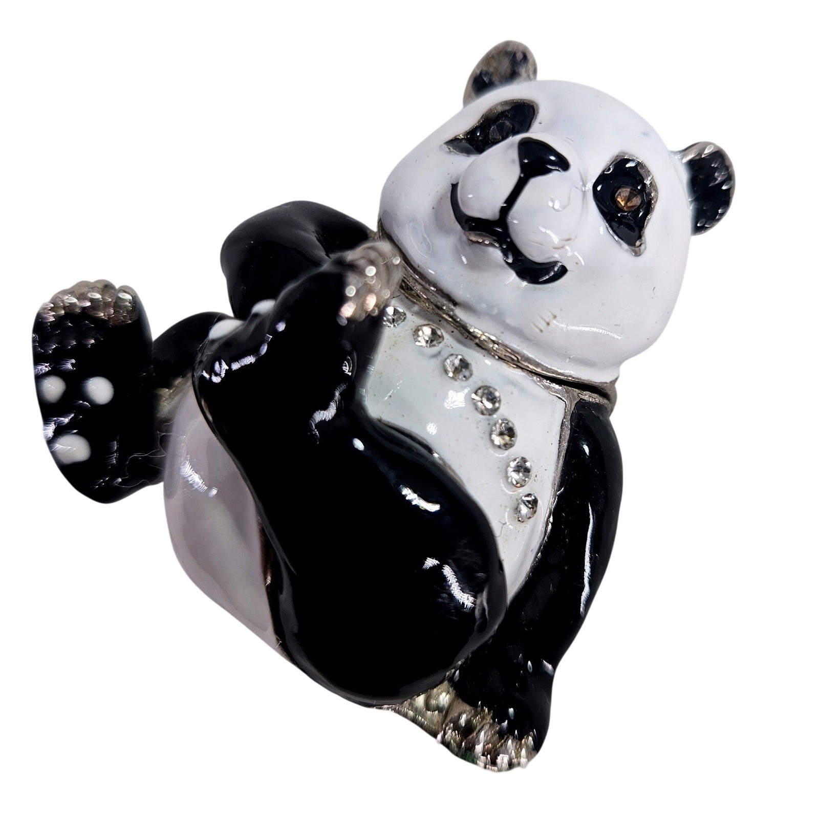 Panda Bear Hinged Trinket Box Enamel Rhinestone Crystal Bejeweled Black White