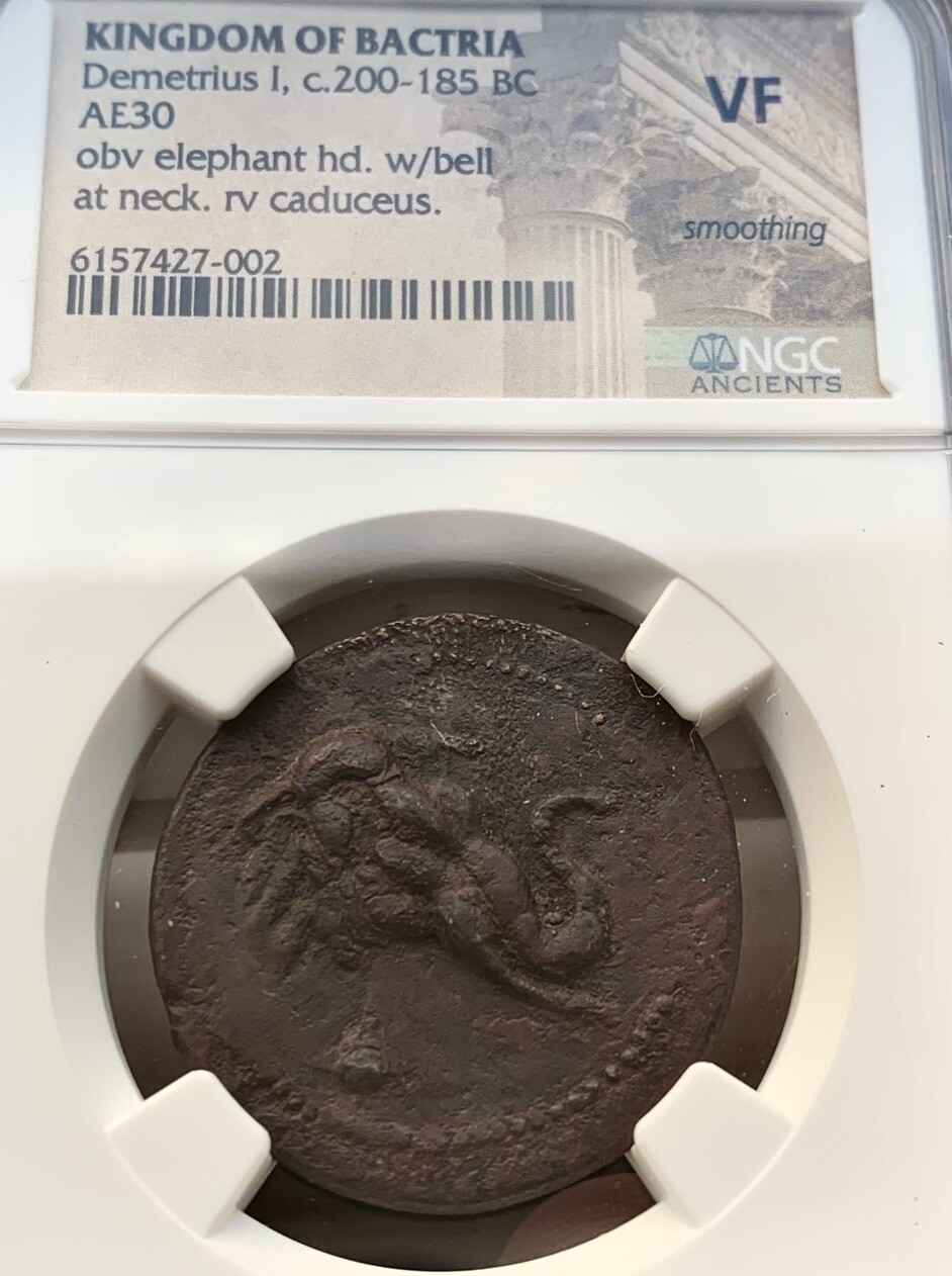 Kingdom of Bactria Demetrius I 200-185 BC AE30 NGC VF Elephant Caduceus Kingdom of Bactria Demetrius I 200-185 BC AE30 NGC VF Elephant Caduceus