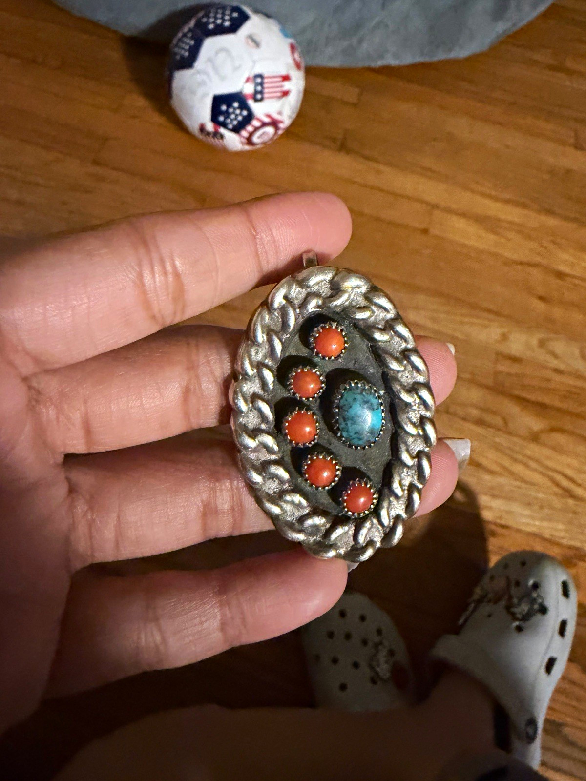Vtg Navajo Sterling Silver Turquoise Coral Pendant Shadowbox Rope Border 30g Vtg Navajo Sterling Silver Turquoise Coral Pendant Shadowbox Rope Border 30g