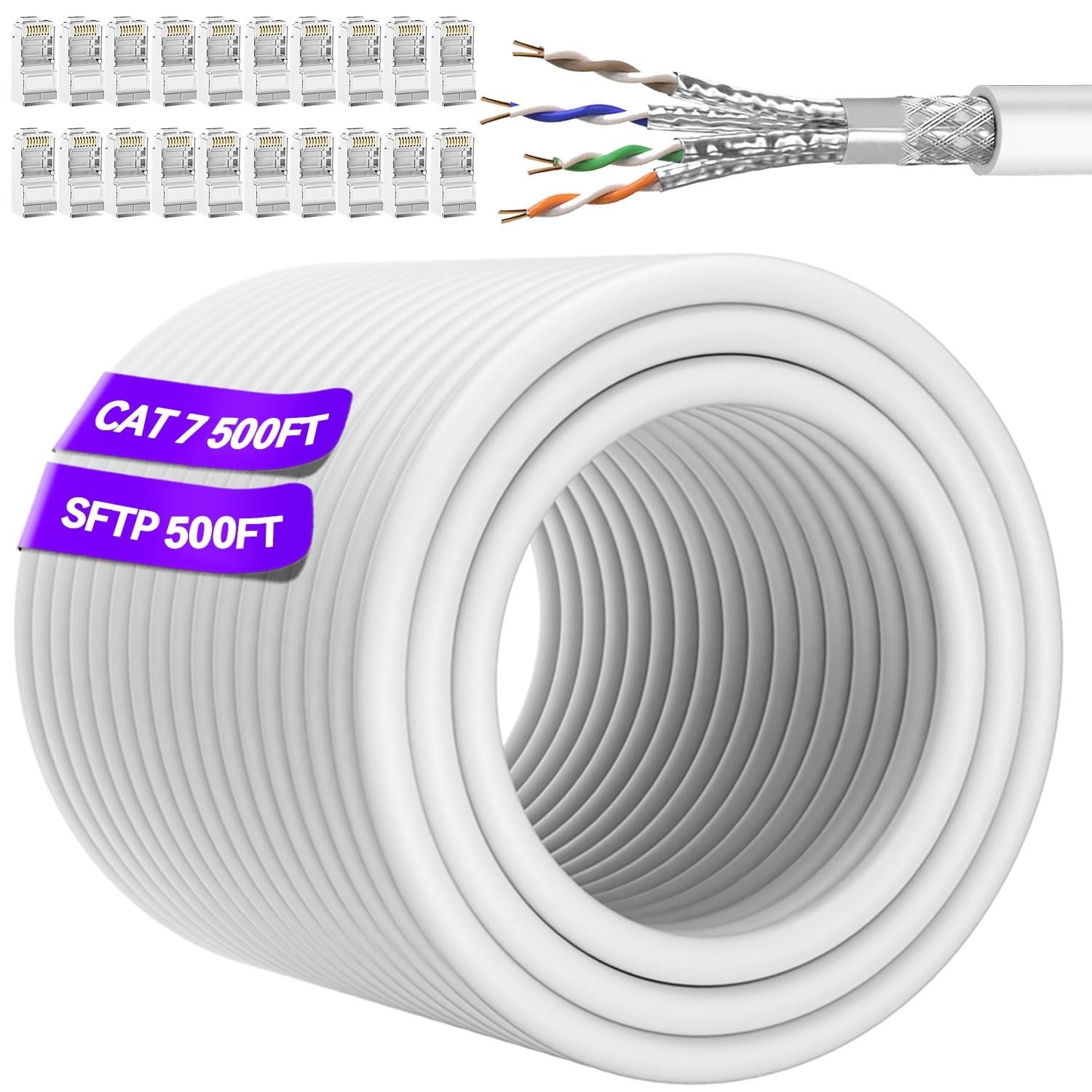 Cat 7 Ethernet Cable 500ft Bulk (20 RJ45), Outdoor & Indoor, SFTP 500FT, White Cat 7 Ethernet Cable 500ft Bulk (20 RJ45), Outdoor & Indoor, SFTP 500FT, White