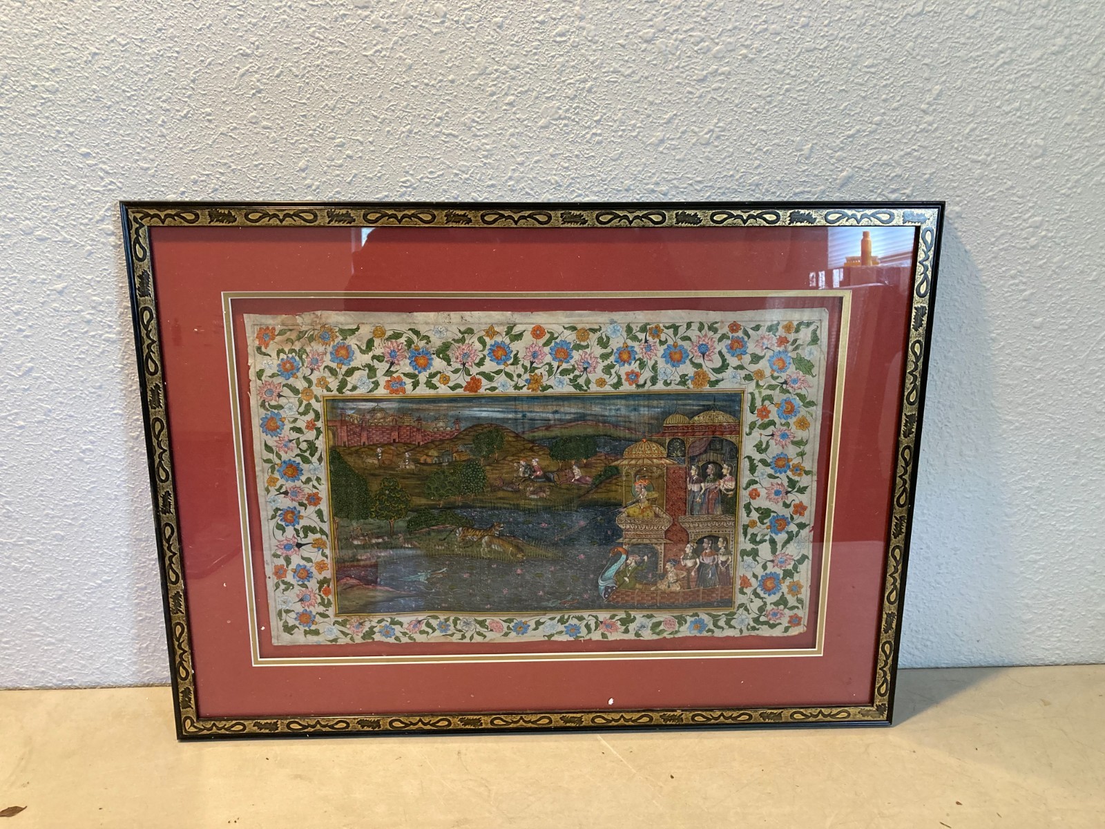 Antique Indian Mughal Style Miniature Painting - Court Scene Floral Border Frame Antique Indian Mughal Style Miniature Painting - Court Scene Floral Border Frame