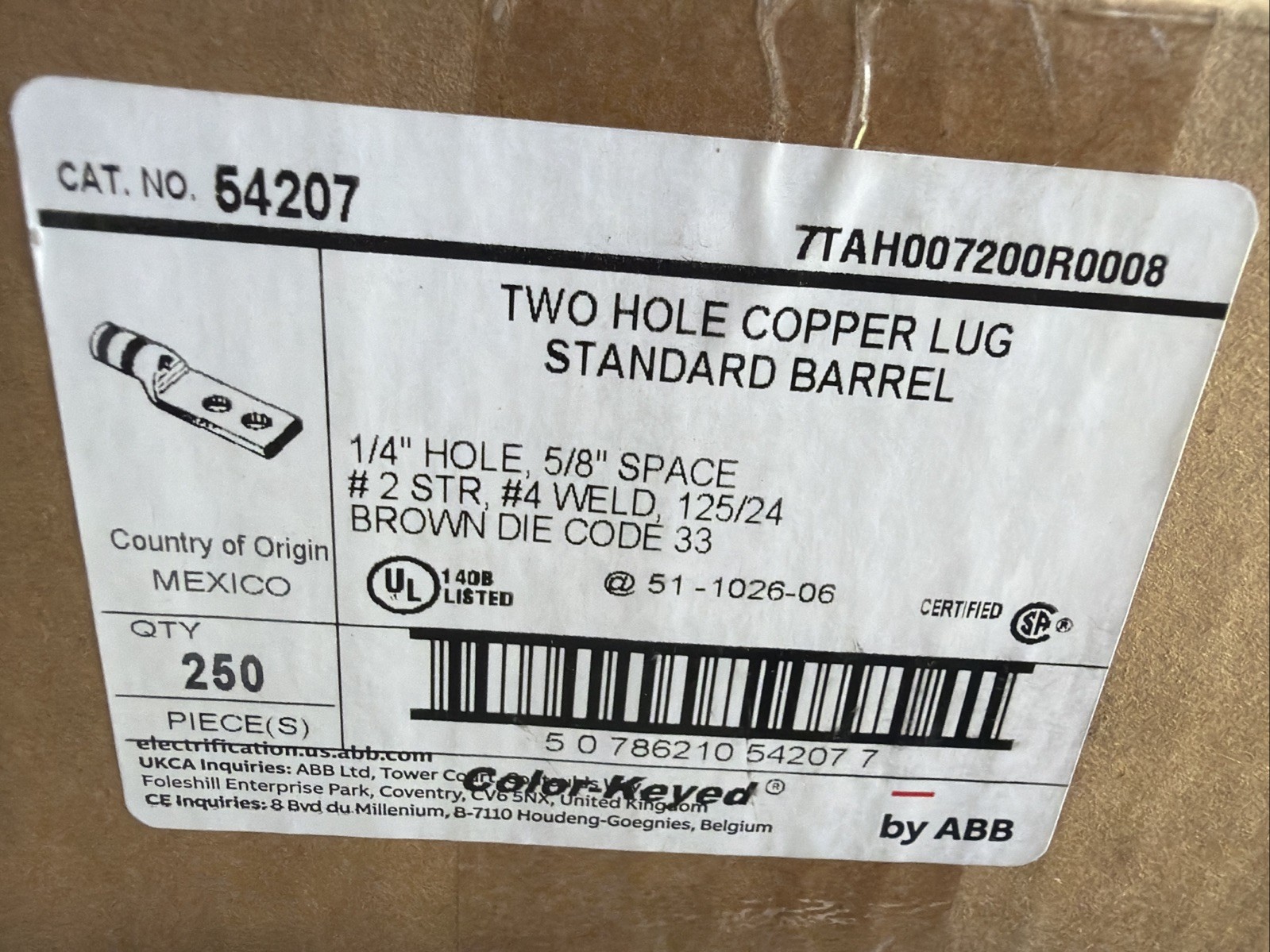 by ABB 54207  2-Hole Copper Lug Standard Barrel Brown Die Code 33. Qty 250