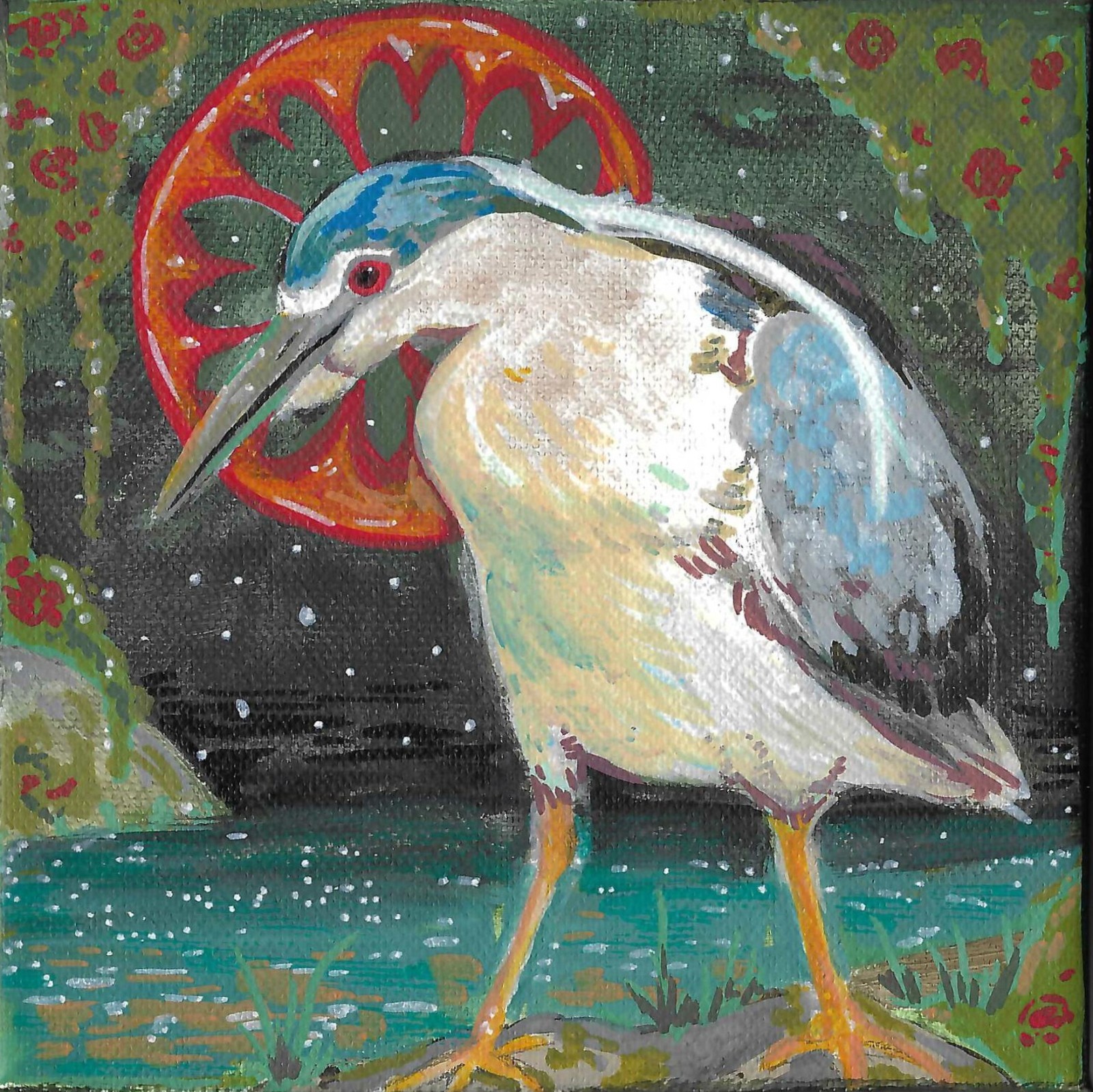 Acrylic On Canvas 15x15 cm, Original Painting, Night Heron On Water, ByCorvux