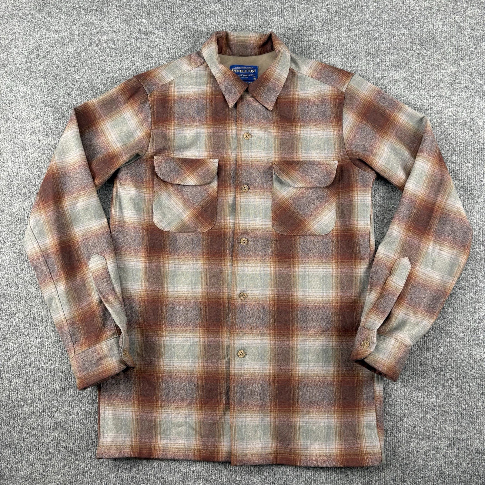 Pendleton Rider Shirt Mens XS Brown LS Wool Flannel Board Plaid Flap Pockets Pendleton Rider Shirt Mens XS Brown LS Wool Flannel Board Plaid Flap Pockets