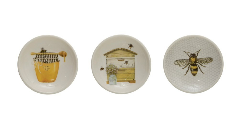 Creative Co-Op Set of 3 Different Stoneware Mini Dish w/Bee Theme 3\ Creative Co-Op Set of 3 Different Stoneware Mini Dish w/Bee Theme 3\