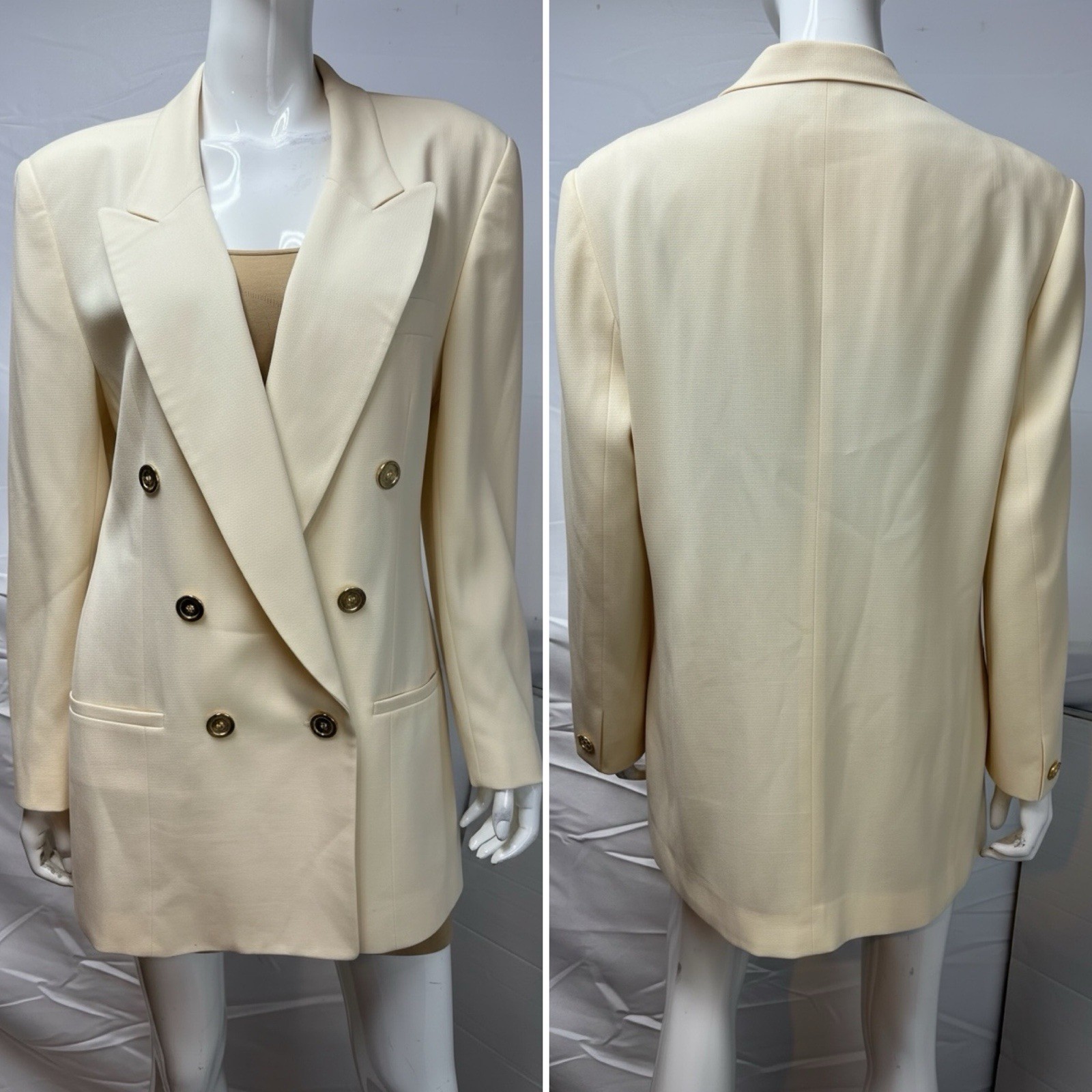 Evan Picone Women’s 14 Cream Wool Double Breasted Vintage Longline Blazer Jacket Evan Picone Women’s 14 Cream Wool Double Breasted Vintage Longline Blazer Jacket