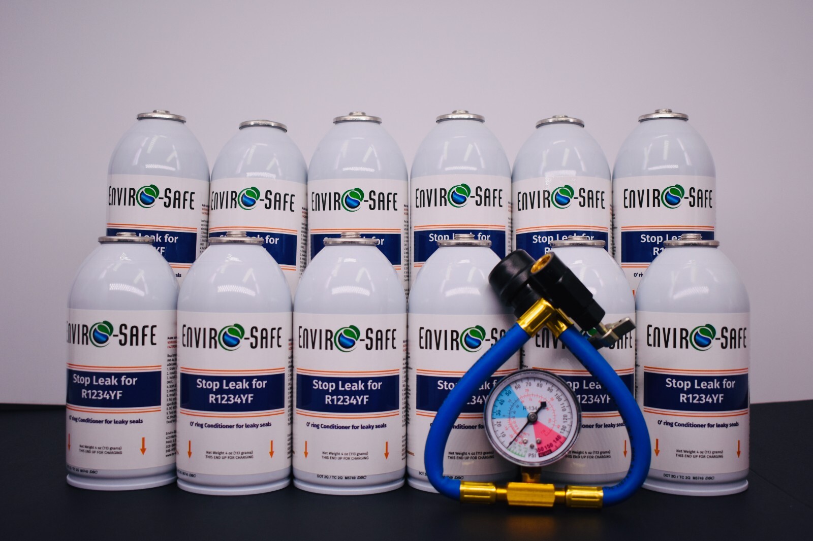Enviro-Safe Stopleak for R1234YF, 12 cans and Economy Gauge, Stop Leaks Now Enviro-Safe Stopleak for R1234YF, 12 cans and Economy Gauge, Stop Leaks Now
