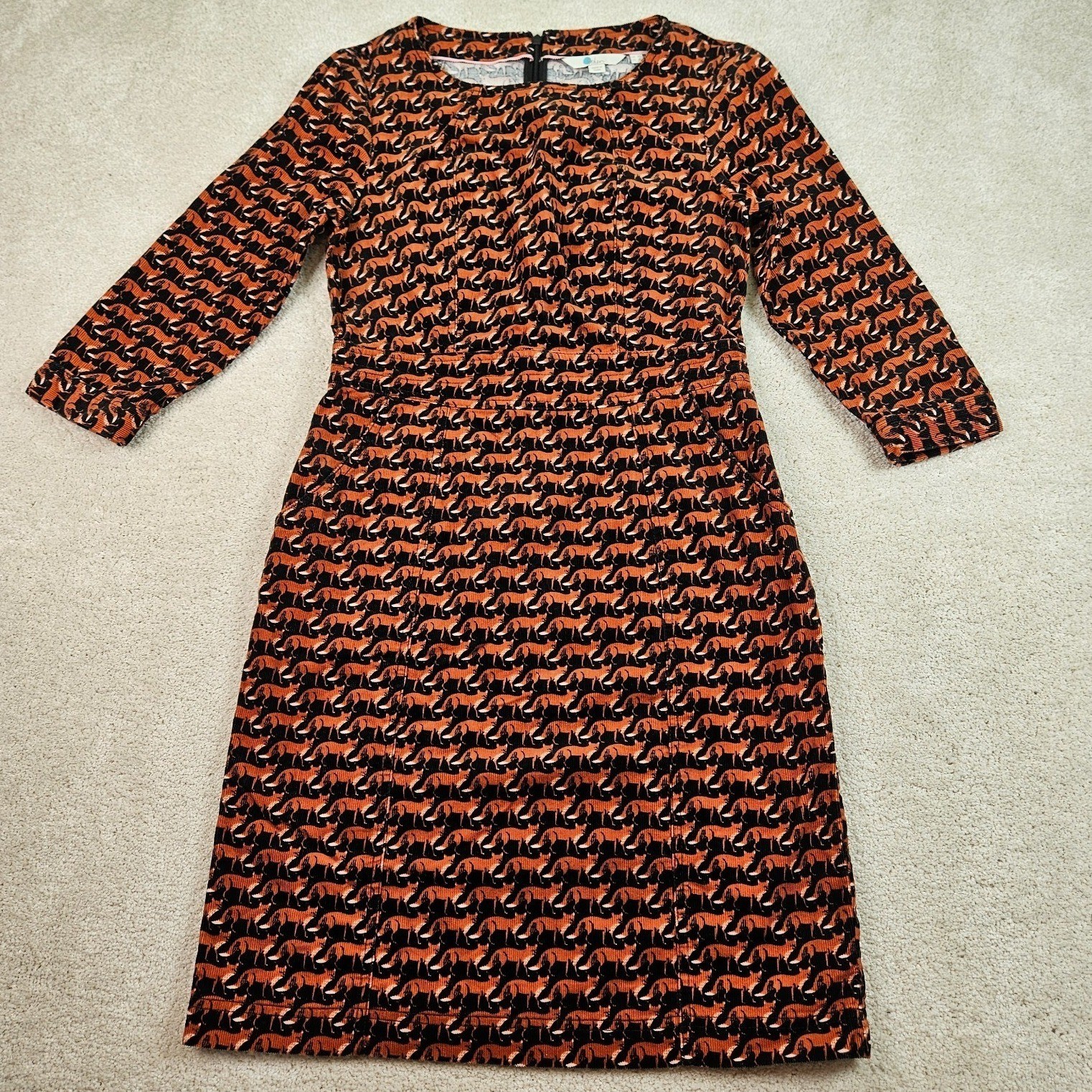 Retro Boden Coraline Fox Print Corduroy Sheath Dress Womens 4L Woodland Novelty