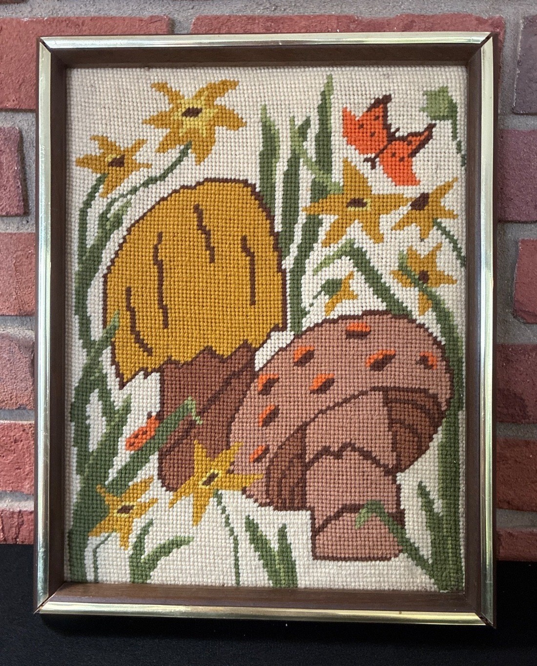 Vintage 1970s Mushroom Butterfly Needlepoint Framed Retro Mushroom Wall Art Vintage 1970s Mushroom Butterfly Needlepoint Framed Retro Mushroom Wall Art