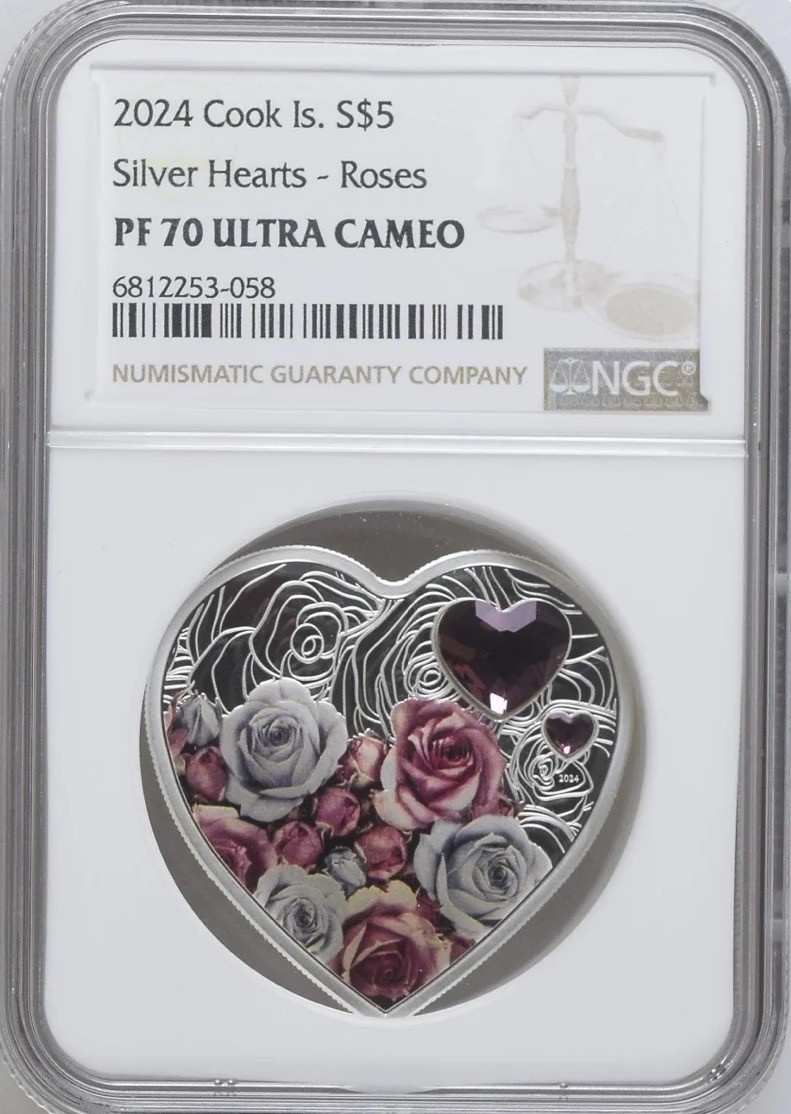 2024 Silver Hearts - Roses 20g .999 Silver With Two Gems. NGC PF70 UC Mint 2024