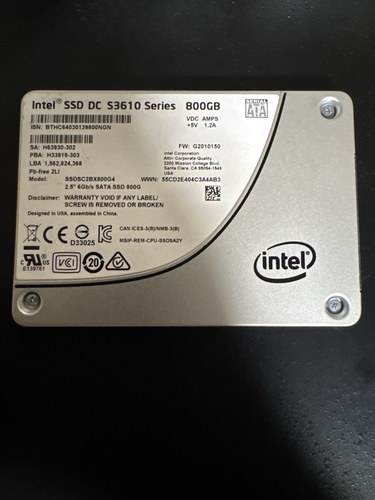 Intel DC S3610 Series 800GB SATA 6Gb/s 2.5inch Internal SSD 94 % Health Intel DC S3610 Series 800GB SATA 6Gb/s 2.5inch Internal SSD 94 % Health