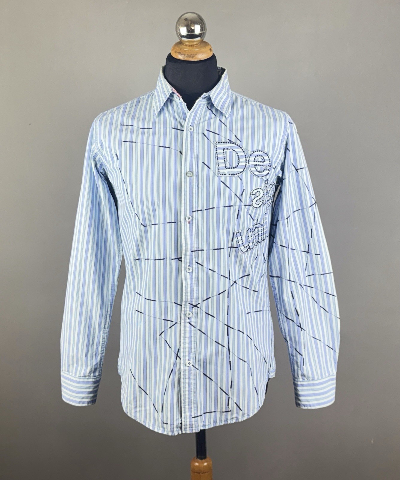 DESIGUAL Slim Blue Striped Embroidered Logo Graphic Long Sleeve Shirt Size M