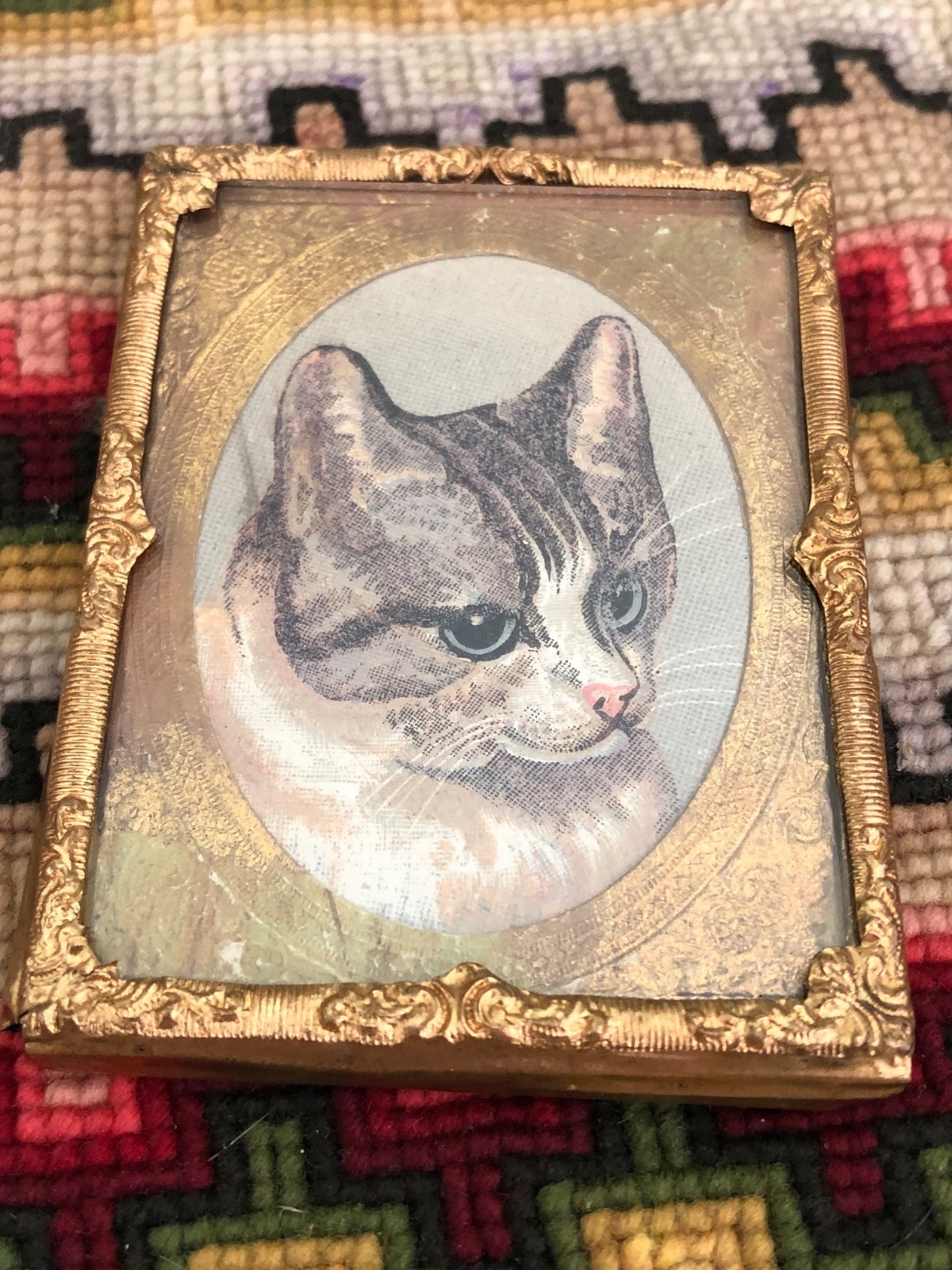 Antique German Dollhouse Picture Framed Gray Tabby Lithograph Print 1:12 Antique German Dollhouse Picture Framed Gray Tabby Lithograph Print 1:12