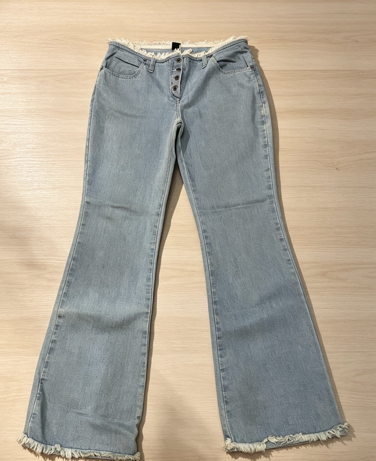 Vintage FFWD Raw Jeans Fringed Flare Blue Denim Y2K Low Mid Rise UK 12 W30 L41