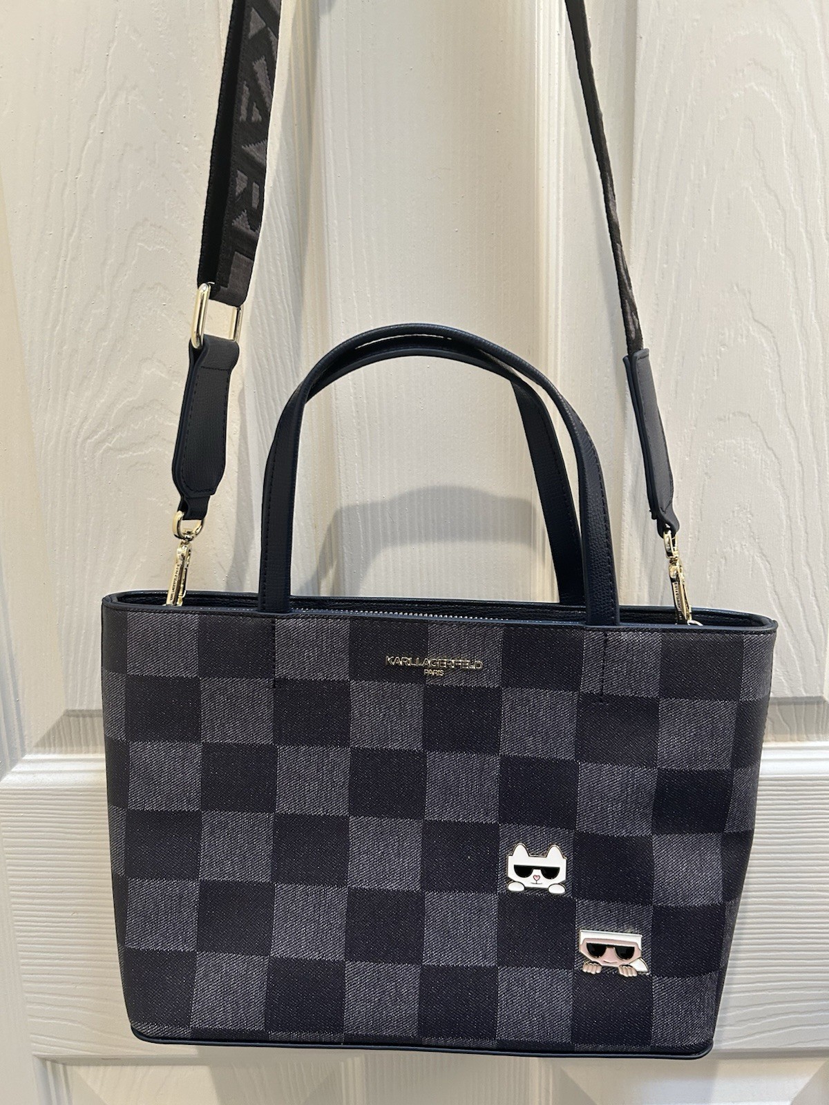 Karl Lagerfeld Bag Denim Navy Checkered Pattern Crossbody Tote NWOT Karl Lagerfeld Bag Denim Navy Checkered Pattern Crossbody Tote NWOT