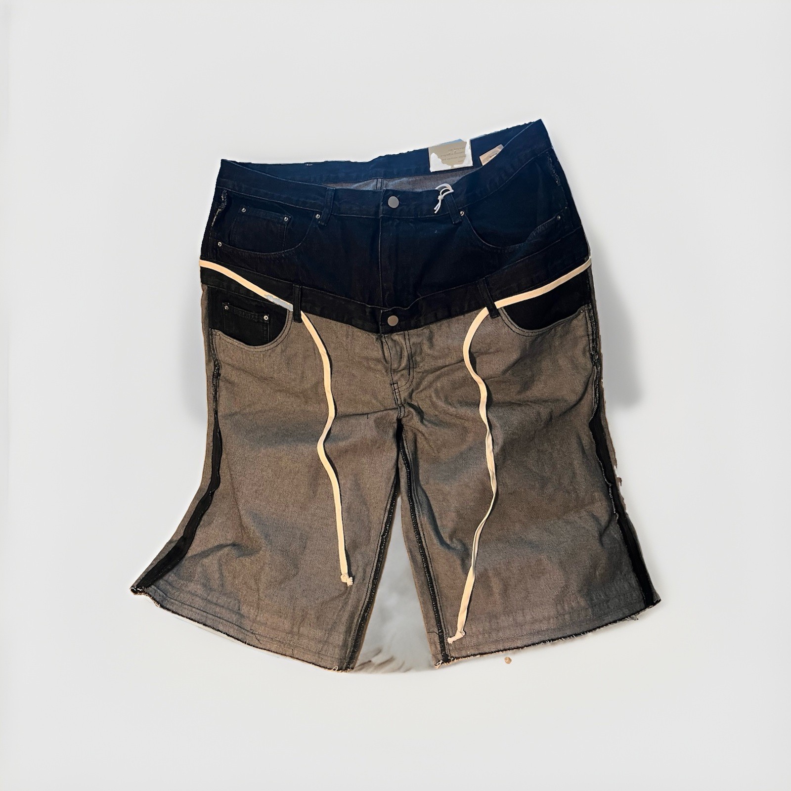 mnml Ultra Baggy Inside Out Colorblock Denim Shorts Black/White Drawstring 38.
